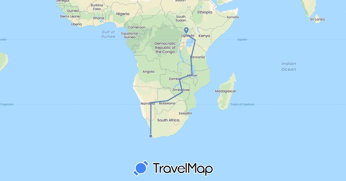 TravelMap itinerary: driving, cycling in Botswana, Kenya, Malawi, Namibia, Tanzania, Uganda, South Africa, Zambia, Zimbabwe (Africa)